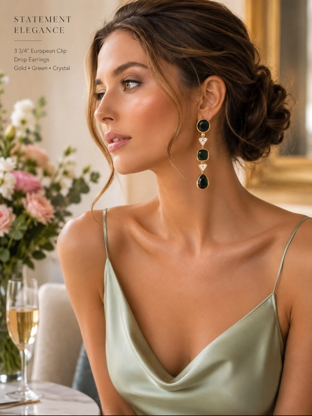 Vintag European Clip-On Statement Earrings - Emerald Green Crystal Drops - Gold